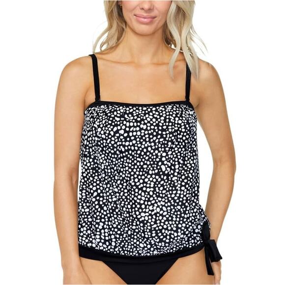 Island Escape Women Black/White Dot Print Blouson Swim Tankini Top Size US 12 - Picture 1 of 4